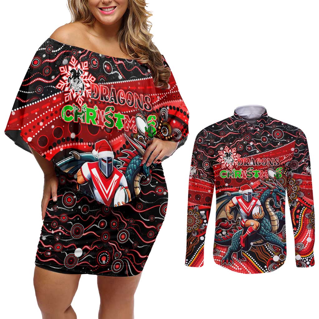 Merry Christmas Dragons Couples Matching Off Shoulder Short Dress and Long Sleeve Button Shirt Aboriginal Santa Rugby Mascot - St George Illawarra