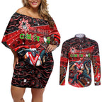 Merry Christmas Dragons Couples Matching Off Shoulder Short Dress and Long Sleeve Button Shirt Aboriginal Santa Rugby Mascot - St George Illawarra