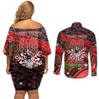 Merry Christmas Dragons Couples Matching Off Shoulder Short Dress and Long Sleeve Button Shirt Aboriginal Santa Rugby Mascot - St George Illawarra
