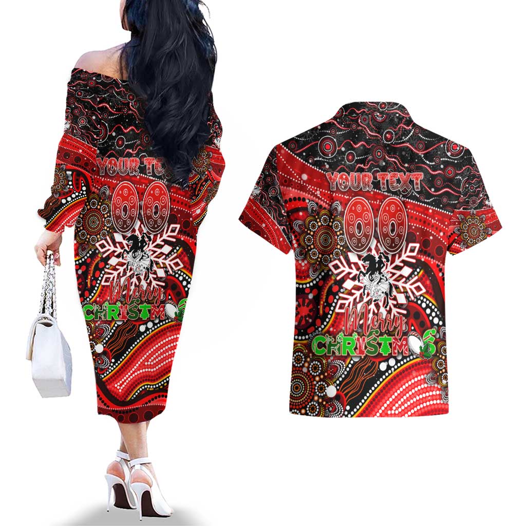 Merry Christmas Dragons Couples Matching Off The Shoulder Long Sleeve Dress and Hawaiian Shirt Aboriginal Santa Rugby Mascot - St George Illawarra