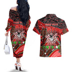 Merry Christmas Dragons Couples Matching Off The Shoulder Long Sleeve Dress and Hawaiian Shirt Aboriginal Santa Rugby Mascot - St George Illawarra