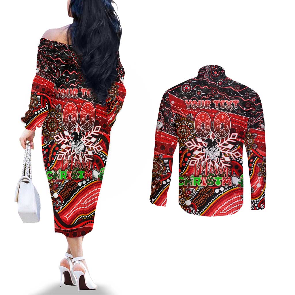 Merry Christmas Dragons Couples Matching Off The Shoulder Long Sleeve Dress and Long Sleeve Button Shirt Aboriginal Santa Rugby Mascot - St George Illawarra