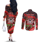 Merry Christmas Dragons Couples Matching Off The Shoulder Long Sleeve Dress and Long Sleeve Button Shirt Aboriginal Santa Rugby Mascot - St George Illawarra