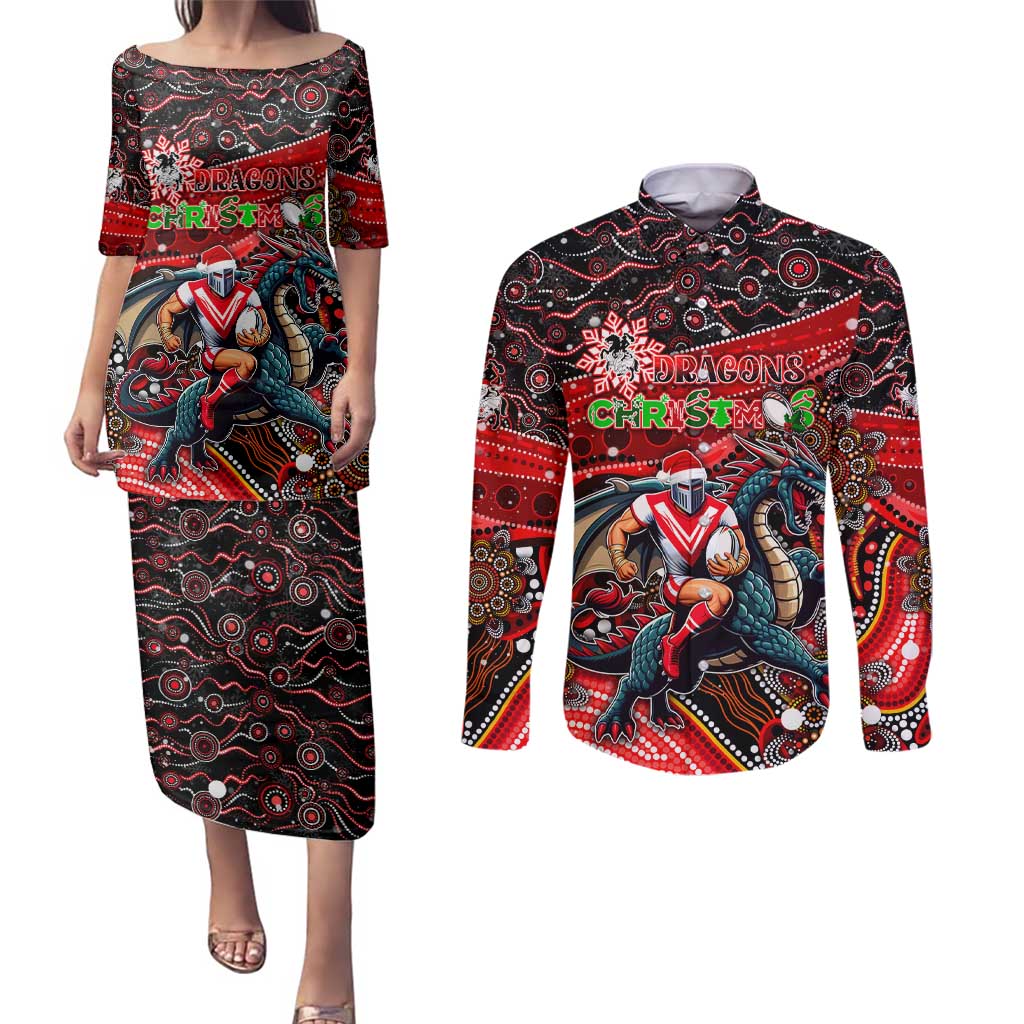 Merry Christmas Dragons Couples Matching Puletasi and Long Sleeve Button Shirt Aboriginal Santa Rugby Mascot - St George Illawarra