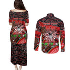 Merry Christmas Dragons Couples Matching Puletasi and Long Sleeve Button Shirt Aboriginal Santa Rugby Mascot - St George Illawarra