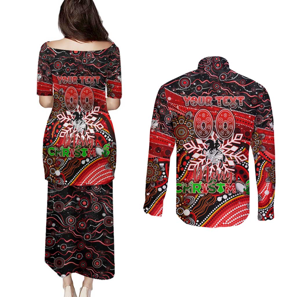 Merry Christmas Dragons Couples Matching Puletasi and Long Sleeve Button Shirt Aboriginal Santa Rugby Mascot - St George Illawarra