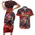 Merry Christmas Dragons Couples Matching Short Sleeve Bodycon Dress and Hawaiian Shirt Aboriginal Santa Rugby Mascot - St George Illawarra