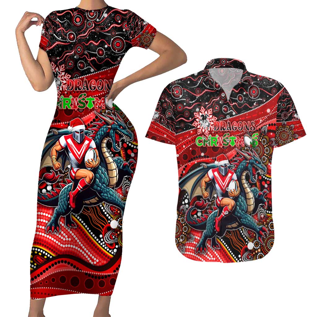 Merry Christmas Dragons Couples Matching Short Sleeve Bodycon Dress and Hawaiian Shirt Aboriginal Santa Rugby Mascot - St George Illawarra