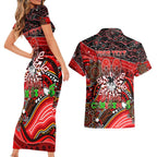 Merry Christmas Dragons Couples Matching Short Sleeve Bodycon Dress and Hawaiian Shirt Aboriginal Santa Rugby Mascot - St George Illawarra