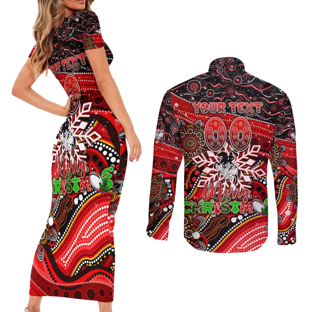 Merry Christmas Dragons Couples Matching Short Sleeve Bodycon Dress and Long Sleeve Button Shirt Aboriginal Santa Rugby Mascot - St George Illawarra