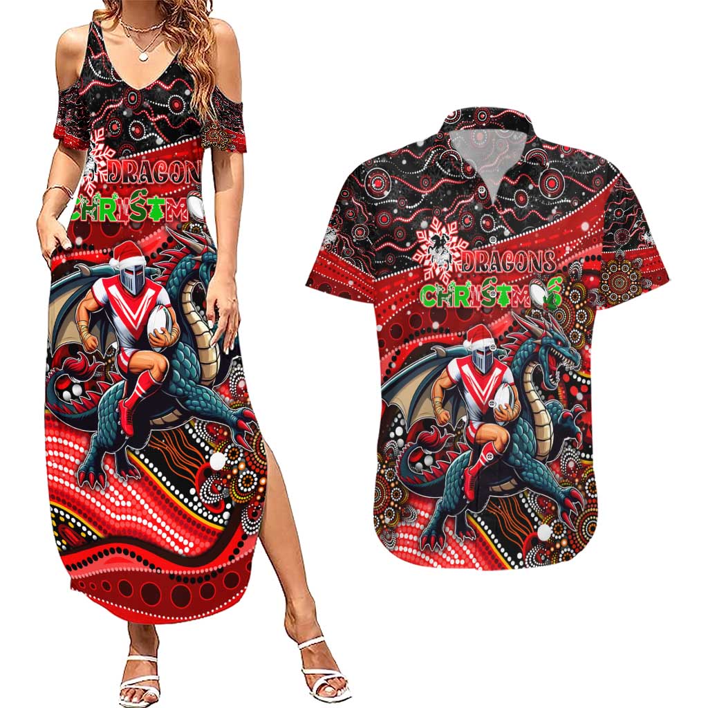 Merry Christmas Dragons Couples Matching Summer Maxi Dress and Hawaiian Shirt Aboriginal Santa Rugby Mascot - St George Illawarra