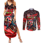 Merry Christmas Dragons Couples Matching Summer Maxi Dress and Long Sleeve Button Shirt Aboriginal Santa Rugby Mascot - St George Illawarra