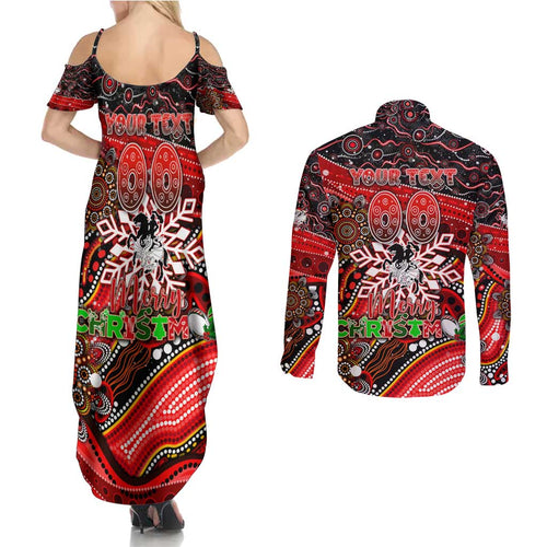 Merry Christmas Dragons Couples Matching Summer Maxi Dress and Long Sleeve Button Shirt Aboriginal Santa Rugby Mascot - St George Illawarra