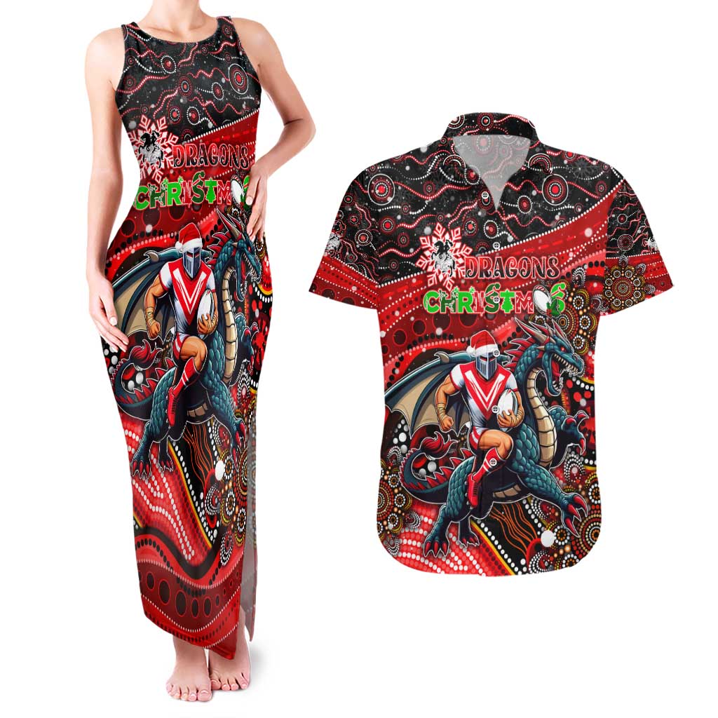 Merry Christmas Dragons Couples Matching Tank Maxi Dress and Hawaiian Shirt Aboriginal Santa Rugby Mascot - St George Illawarra