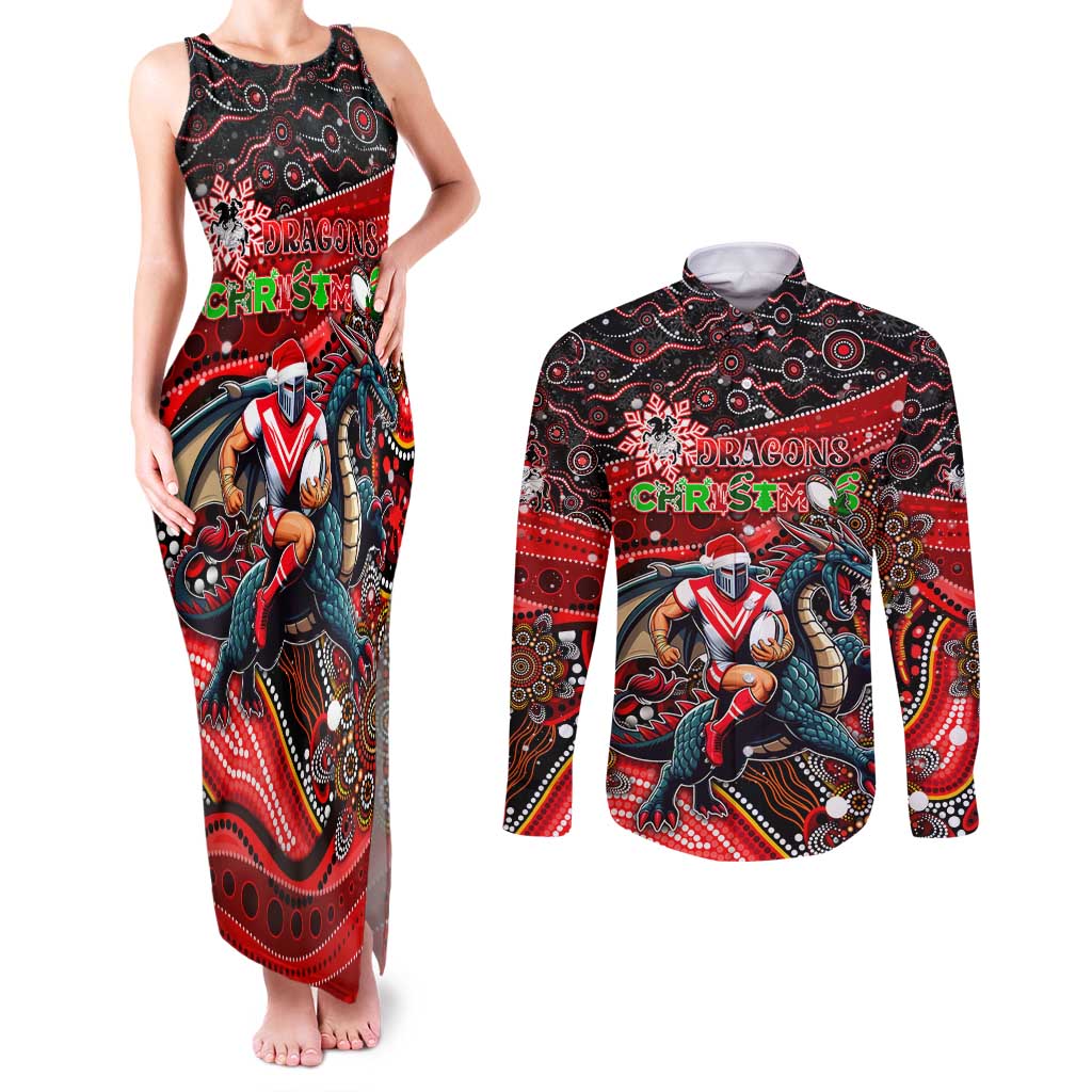 Merry Christmas Dragons Couples Matching Tank Maxi Dress and Long Sleeve Button Shirt Aboriginal Santa Rugby Mascot - St George Illawarra