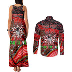 Merry Christmas Dragons Couples Matching Tank Maxi Dress and Long Sleeve Button Shirt Aboriginal Santa Rugby Mascot - St George Illawarra