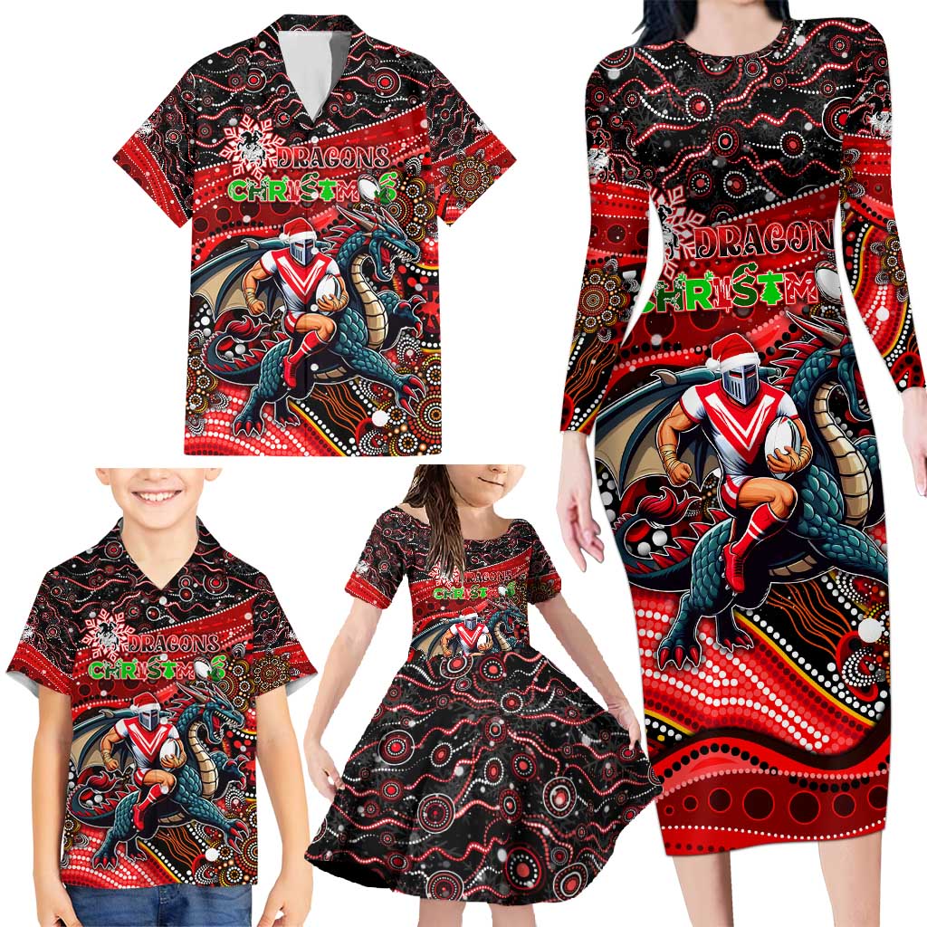 Merry Christmas Dragons Family Matching Long Sleeve Bodycon Dress and Hawaiian Shirt Aboriginal Santa Rugby Mascot - St George Illawarra