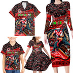 Merry Christmas Dragons Family Matching Long Sleeve Bodycon Dress and Hawaiian Shirt Aboriginal Santa Rugby Mascot - St George Illawarra