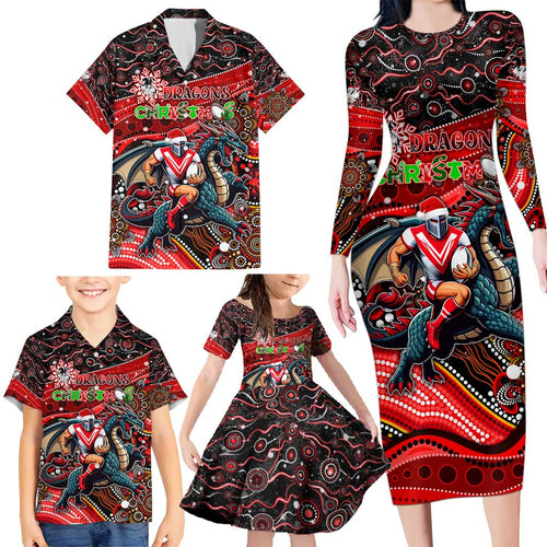 Merry Christmas Dragons Family Matching Long Sleeve Bodycon Dress and Hawaiian Shirt Aboriginal Santa Rugby Mascot - St George Illawarra