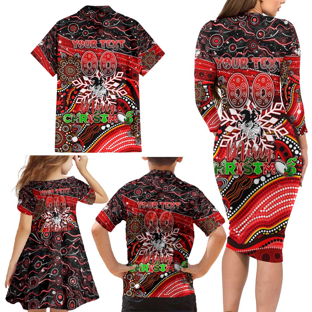Merry Christmas Dragons Family Matching Long Sleeve Bodycon Dress and Hawaiian Shirt Aboriginal Santa Rugby Mascot - St George Illawarra