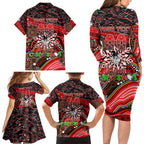 Merry Christmas Dragons Family Matching Long Sleeve Bodycon Dress and Hawaiian Shirt Aboriginal Santa Rugby Mascot - St George Illawarra