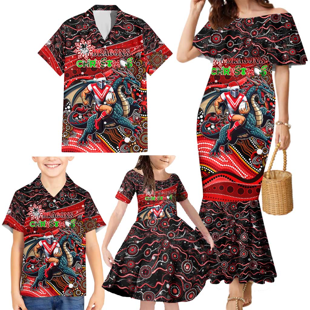 Merry Christmas Dragons Family Matching Mermaid Dress and Hawaiian Shirt Aboriginal Santa Rugby Mascot - St George Illawarra