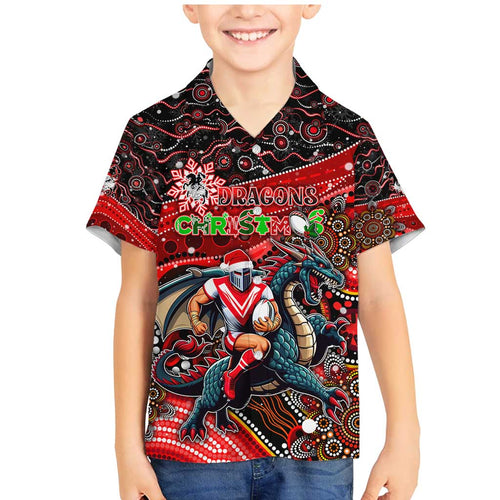 Merry Christmas Dragons Family Matching Mermaid Dress and Hawaiian Shirt Aboriginal Santa Rugby Mascot - St George Illawarra