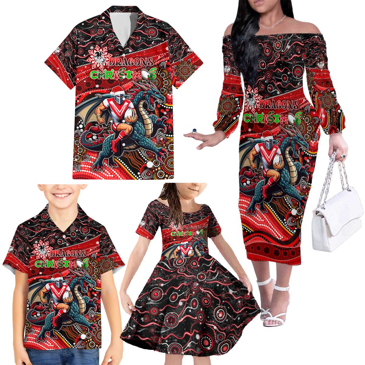 Merry Christmas Dragons Family Matching Off The Shoulder Long Sleeve Dress and Hawaiian Shirt Aboriginal Santa Rugby Mascot - St George Illawarra