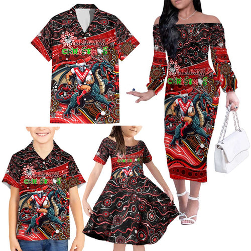 Merry Christmas Dragons Family Matching Off The Shoulder Long Sleeve Dress and Hawaiian Shirt Aboriginal Santa Rugby Mascot - St George Illawarra