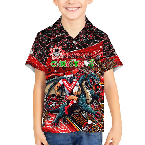 Merry Christmas Dragons Family Matching Off The Shoulder Long Sleeve Dress and Hawaiian Shirt Aboriginal Santa Rugby Mascot - St George Illawarra