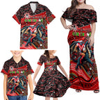 Merry Christmas Dragons Family Matching Off Shoulder Maxi Dress and Hawaiian Shirt Aboriginal Santa Rugby Mascot - St George Illawarra