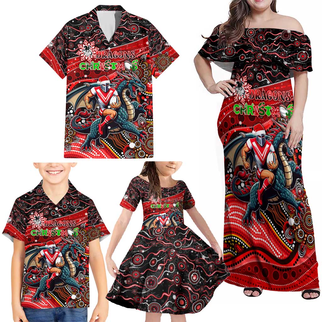 Merry Christmas Dragons Family Matching Off Shoulder Maxi Dress and Hawaiian Shirt Aboriginal Santa Rugby Mascot - St George Illawarra