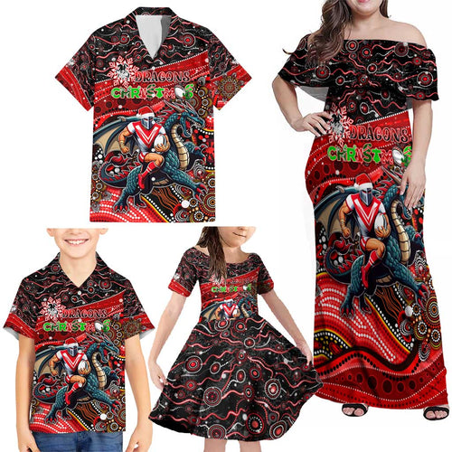 Merry Christmas Dragons Family Matching Off Shoulder Maxi Dress and Hawaiian Shirt Aboriginal Santa Rugby Mascot - St George Illawarra