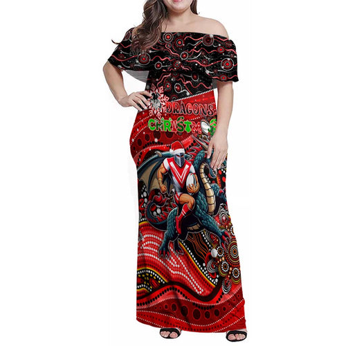 Merry Christmas Dragons Family Matching Off Shoulder Maxi Dress and Hawaiian Shirt Aboriginal Santa Rugby Mascot - St George Illawarra