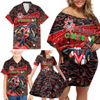Merry Christmas Dragons Family Matching Off Shoulder Short Dress and Hawaiian Shirt Aboriginal Santa Rugby Mascot - St George Illawarra