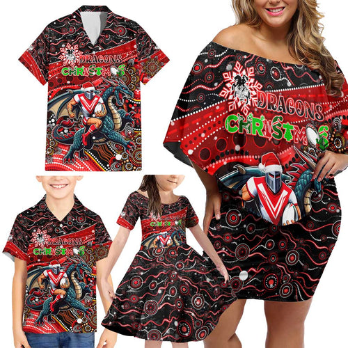 Merry Christmas Dragons Family Matching Off Shoulder Short Dress and Hawaiian Shirt Aboriginal Santa Rugby Mascot - St George Illawarra