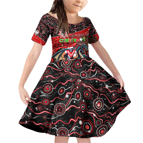 Merry Christmas Dragons Family Matching Off Shoulder Short Dress and Hawaiian Shirt Aboriginal Santa Rugby Mascot - St George Illawarra