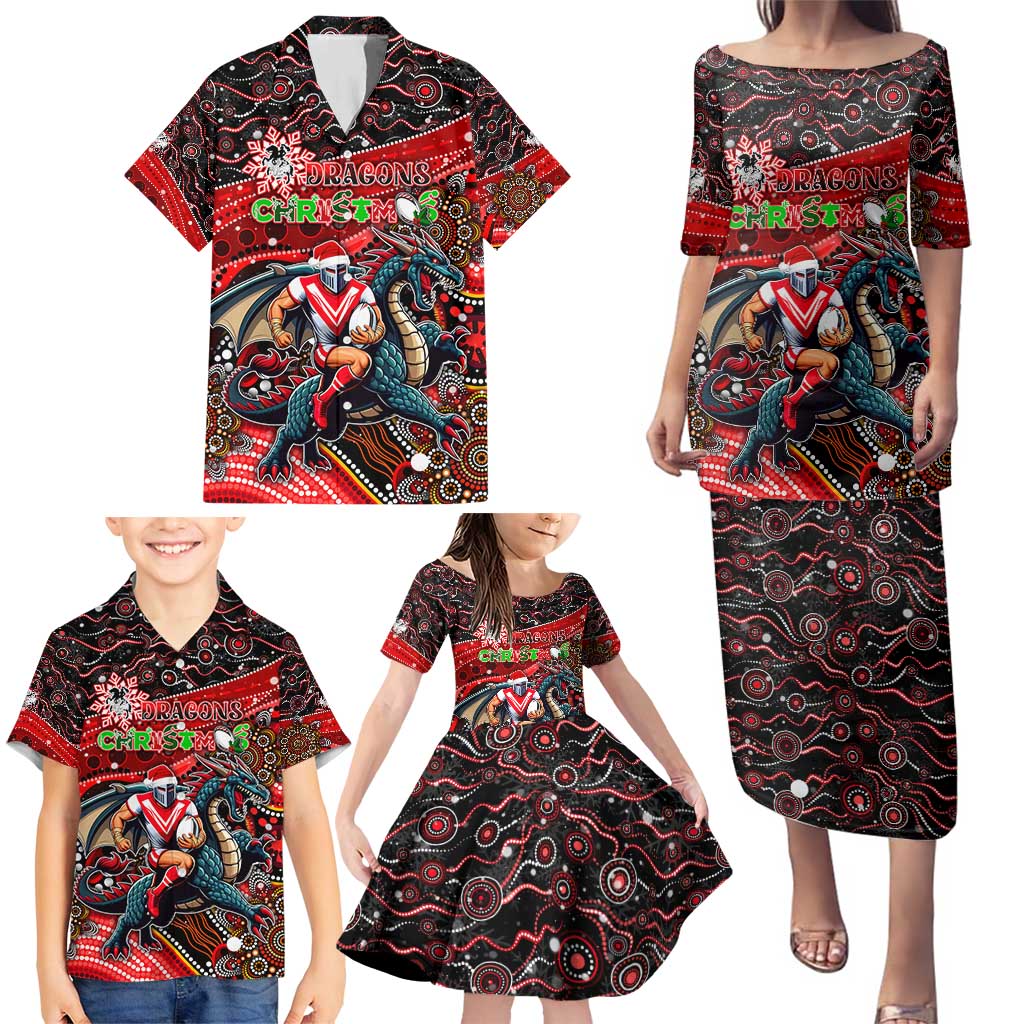 Merry Christmas Dragons Family Matching Puletasi and Hawaiian Shirt Aboriginal Santa Rugby Mascot - St George Illawarra