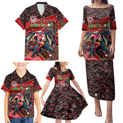 Merry Christmas Dragons Family Matching Puletasi and Hawaiian Shirt Aboriginal Santa Rugby Mascot - St George Illawarra