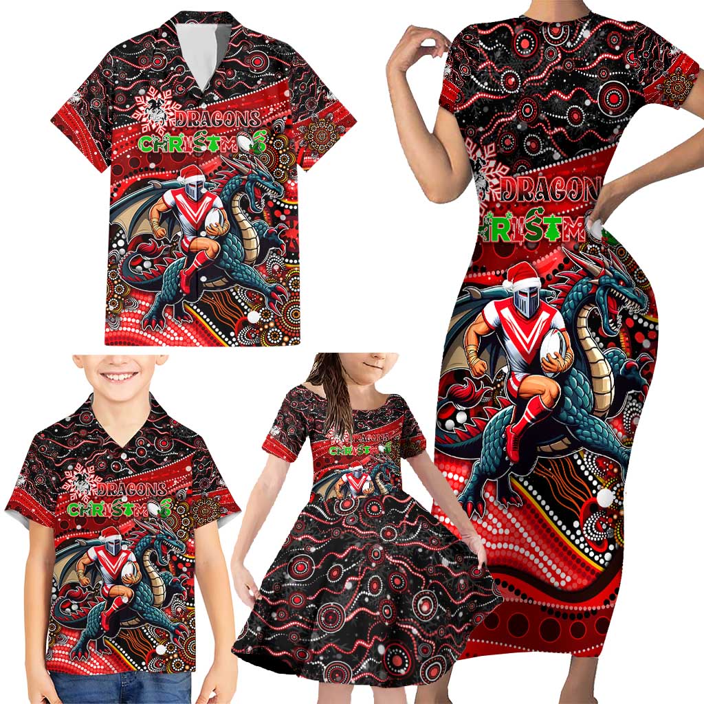 Merry Christmas Dragons Family Matching Short Sleeve Bodycon Dress and Hawaiian Shirt Aboriginal Santa Rugby Mascot - St George Illawarra