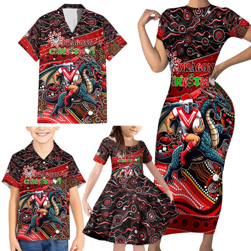 Merry Christmas Dragons Family Matching Short Sleeve Bodycon Dress and Hawaiian Shirt Aboriginal Santa Rugby Mascot - St George Illawarra