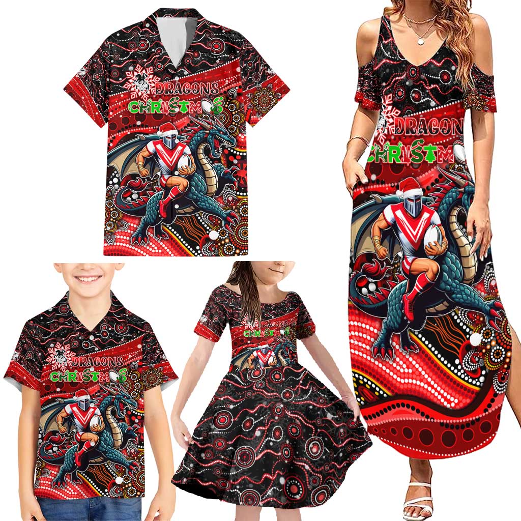 Merry Christmas Dragons Family Matching Summer Maxi Dress and Hawaiian Shirt Aboriginal Santa Rugby Mascot - St George Illawarra