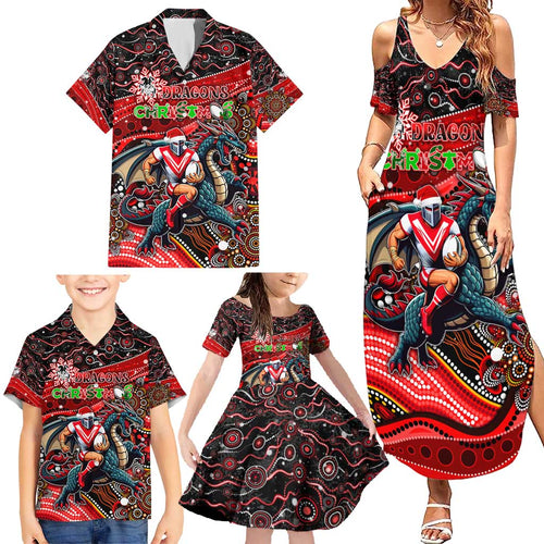 Merry Christmas Dragons Family Matching Summer Maxi Dress and Hawaiian Shirt Aboriginal Santa Rugby Mascot - St George Illawarra