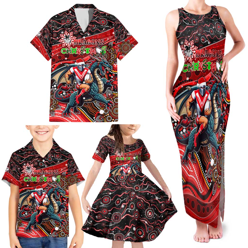 Merry Christmas Dragons Family Matching Tank Maxi Dress and Hawaiian Shirt Aboriginal Santa Rugby Mascot - St George Illawarra