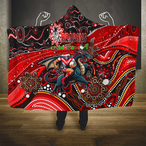 Merry Christmas Dragons Hooded Blanket Aboriginal Santa Rugby Mascot - St George Illawarra