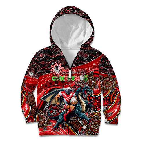 Merry Christmas Dragons Kid Hoodie Aboriginal Santa Rugby Mascot - St George Illawarra
