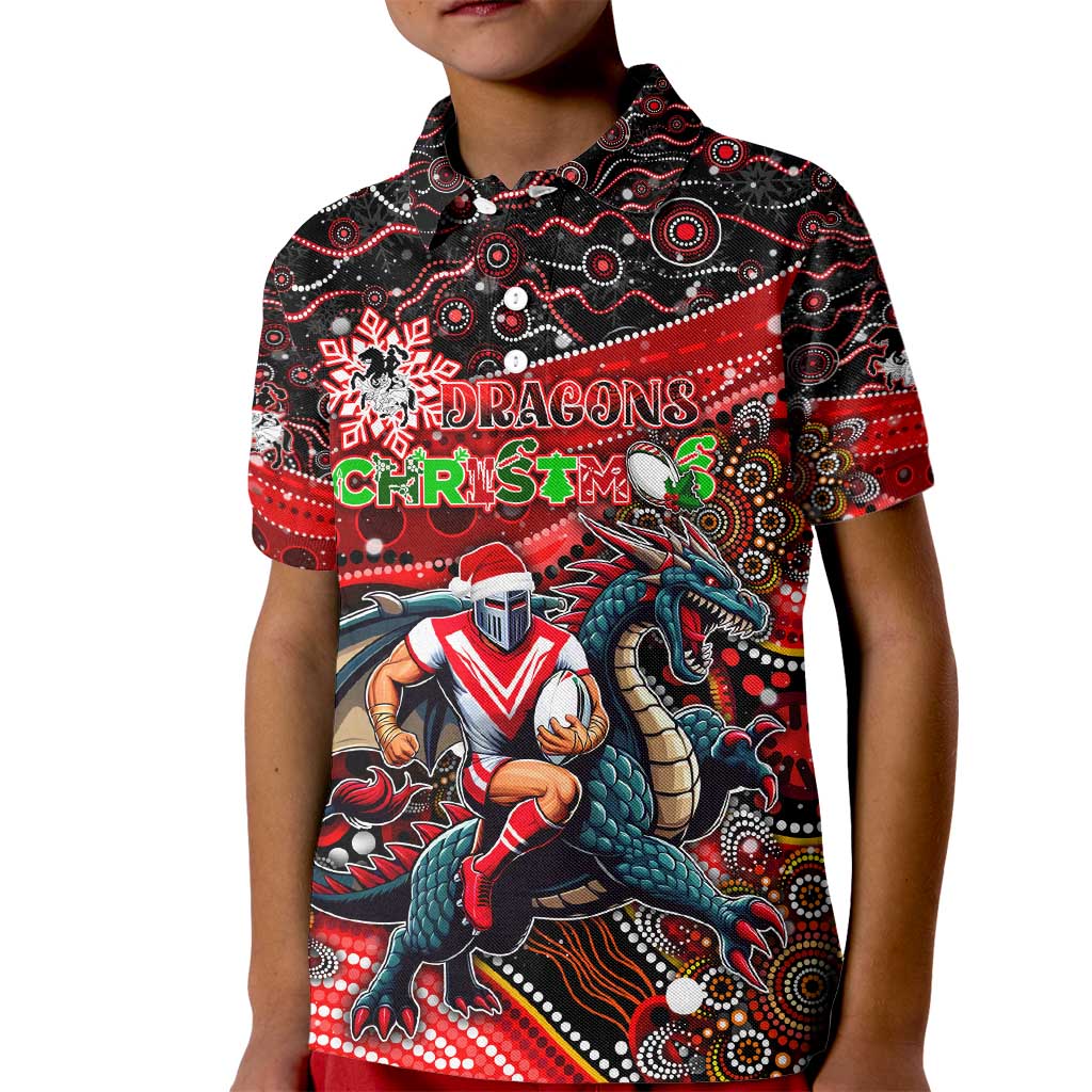 Merry Christmas Dragons Kid Polo Shirt Aboriginal Santa Rugby Mascot - St George Illawarra