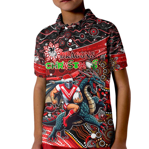 Merry Christmas Dragons Kid Polo Shirt Aboriginal Santa Rugby Mascot - St George Illawarra