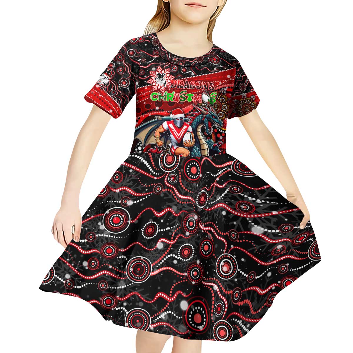 Merry Christmas Dragons Kid Short Sleeve Dress Aboriginal Santa Rugby Mascot - St George Illawarra