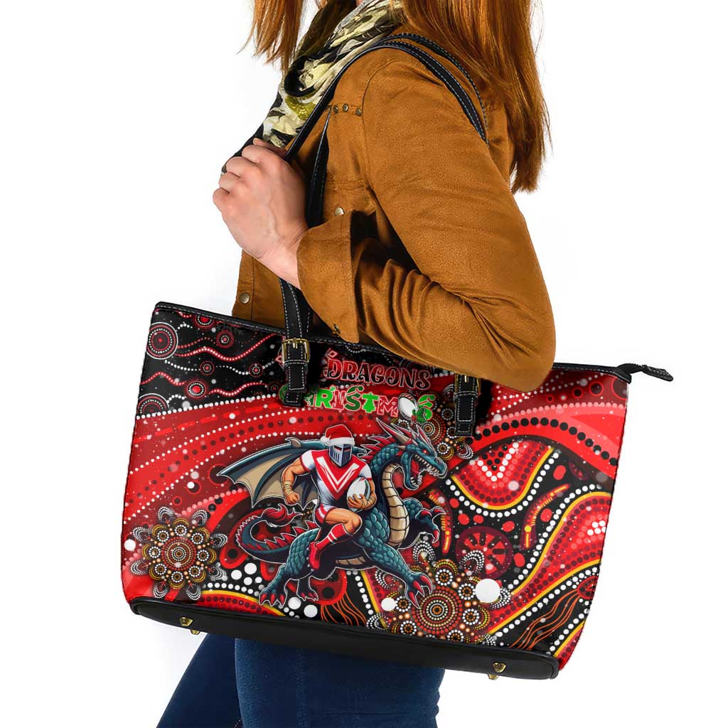 Merry Christmas Dragons Leather Tote Bag Aboriginal Santa Rugby Mascot - St George Illawarra